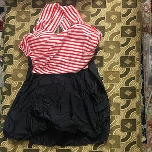 CocoPear Retro Pin-Up Halter Swimsuit XL – Red Stripe Top & Black Skirt Bottom